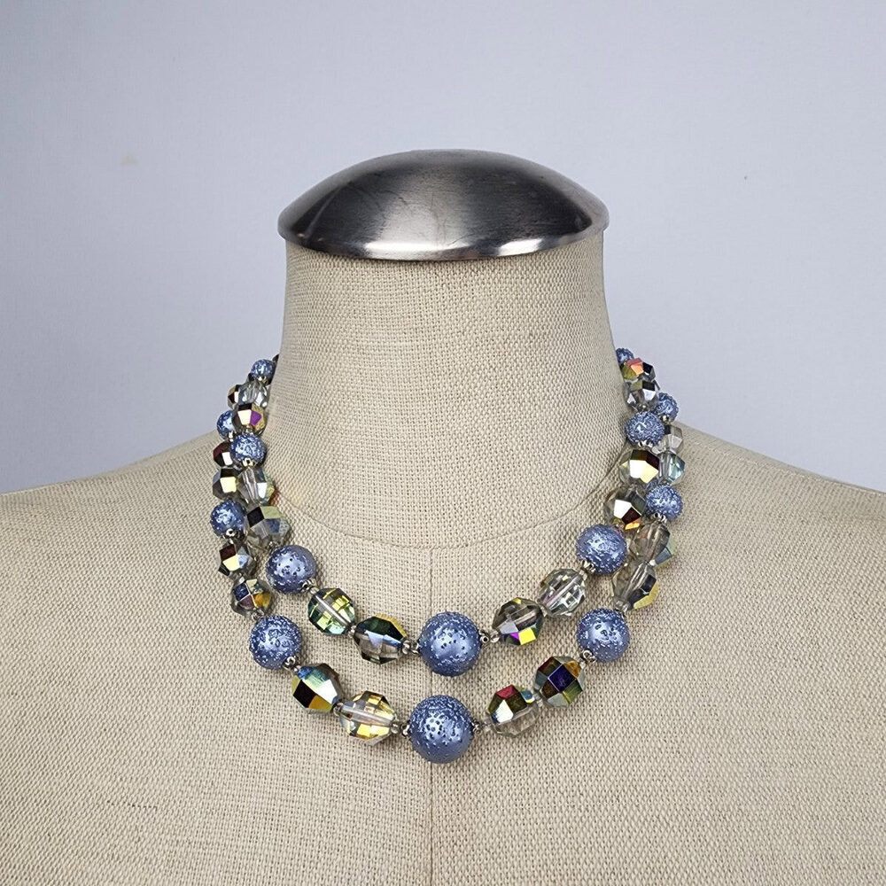 Vintage Blue AB Glass Beaded Layered Necklace